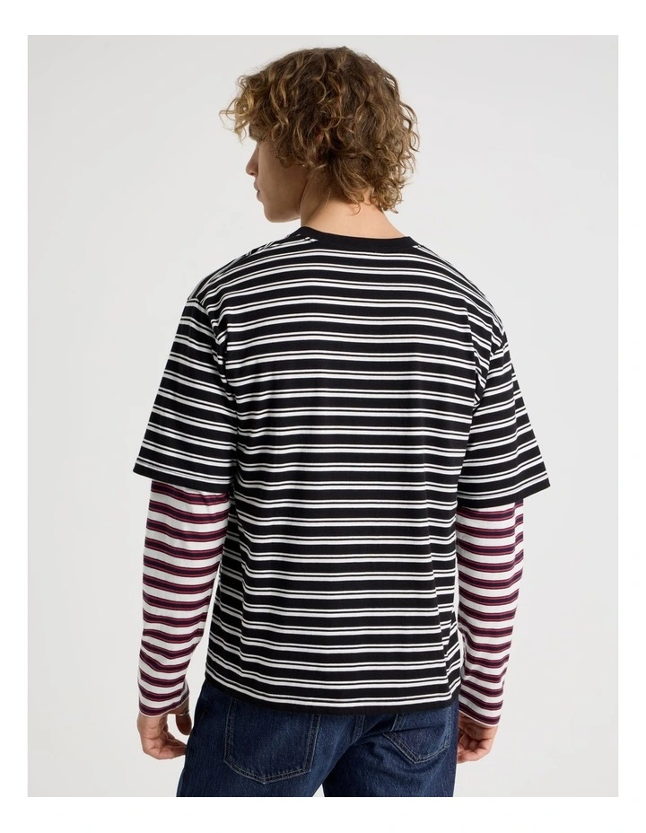 Double Sleeve Crew Neck Stripe T-Shirt in Black image 6