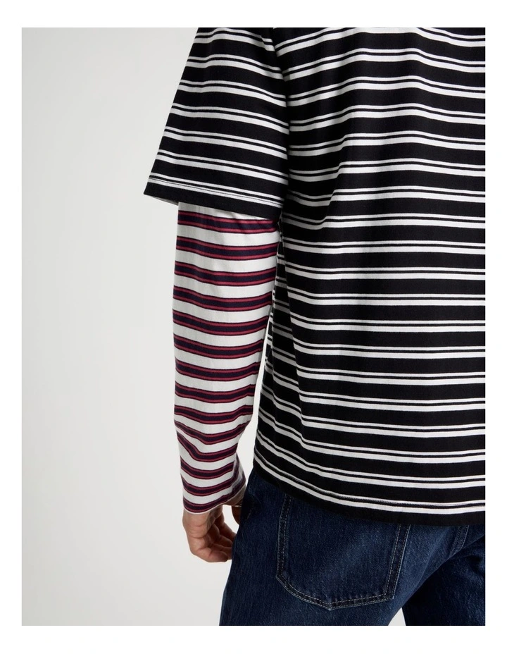 Double Sleeve Crew Neck Stripe T-Shirt in Black image 7