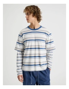 Double Sleeve Crew Neck Stripe T-Shirt in White