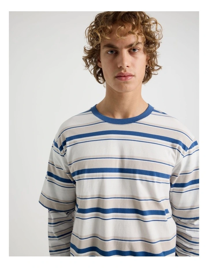Double Sleeve Crew Neck Stripe T-Shirt in White image 2