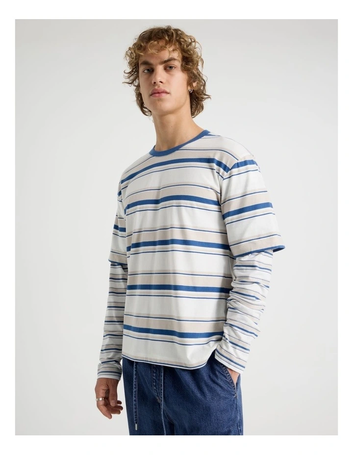 Double Sleeve Crew Neck Stripe T-Shirt in White image 3