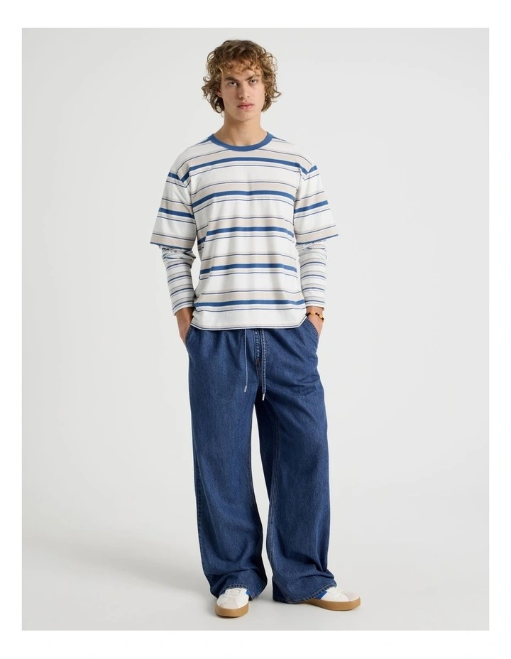 Double Sleeve Crew Neck Stripe T-Shirt in White image 4