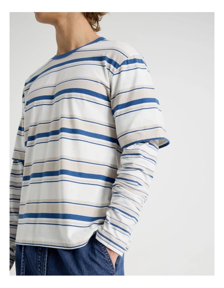Double Sleeve Crew Neck Stripe T-Shirt in White image 5