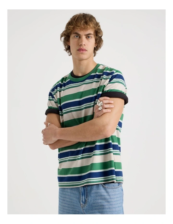 Loose Crew Neck Stripe T-Shirt in Green image 1