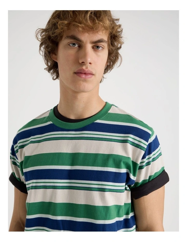 Loose Crew Neck Stripe T-Shirt in Green image 2