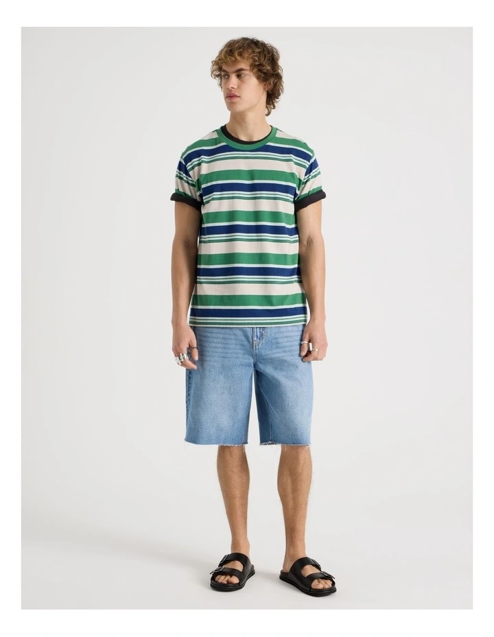 Loose Crew Neck Stripe T-Shirt in Green image 3