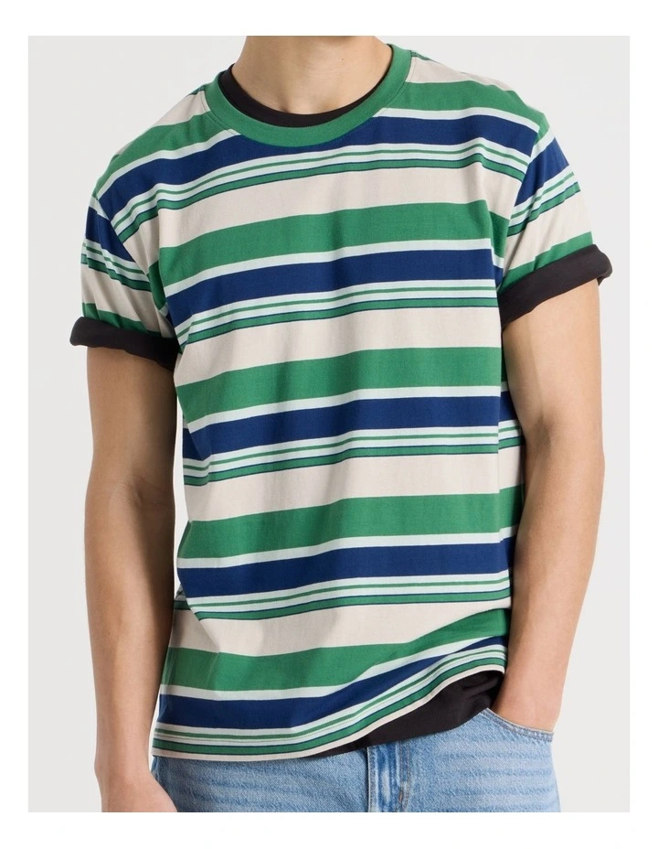 Loose Crew Neck Stripe T-Shirt in Green image 4