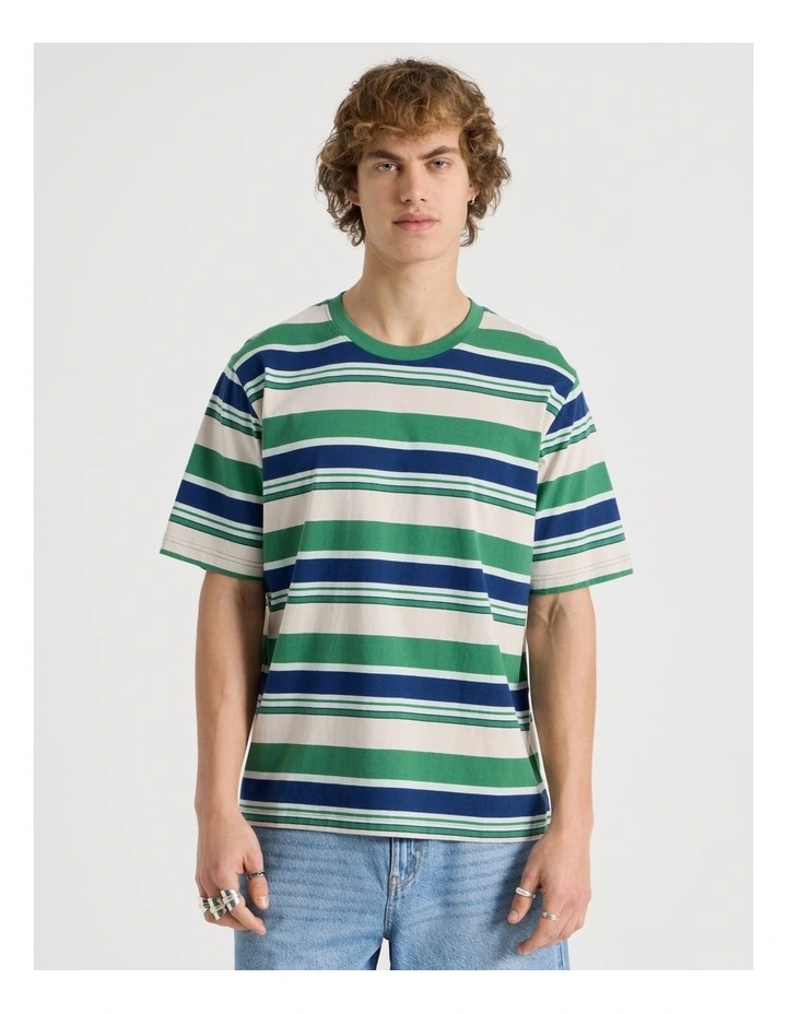 Loose Crew Neck Stripe T-Shirt in Green image 5