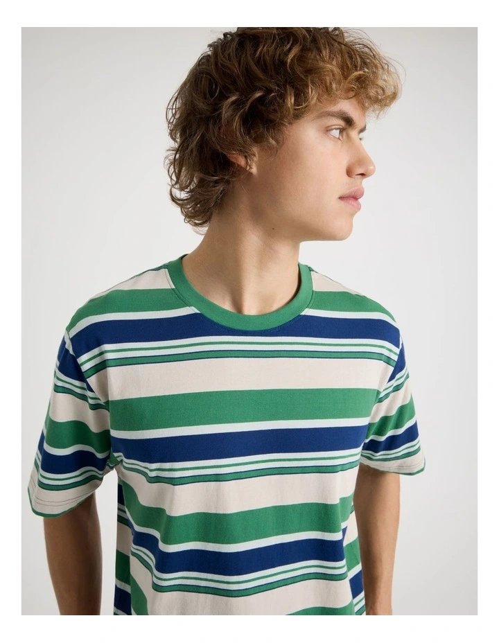 Loose Crew Neck Stripe T-Shirt in Green image 7