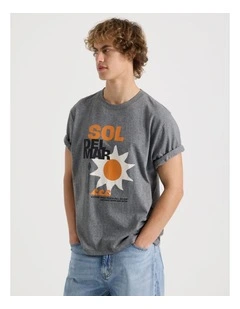 Loose Fit Crew Neck Graphic T-Shirt in Char Marle
