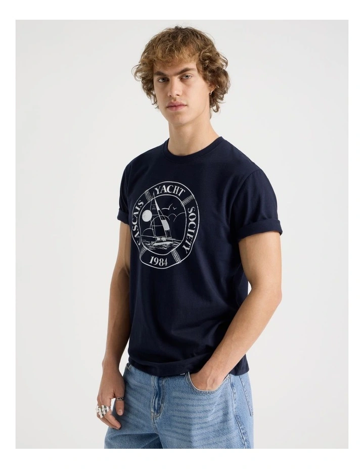Regular Fit Graphic Crew Neck T-Shirt in Navy image 3