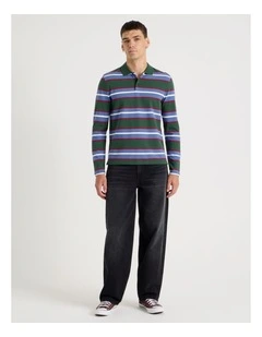 Long Sleeve Stripe Polo in Dark Green