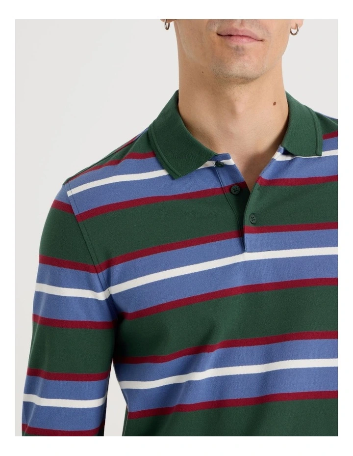 Long Sleeve Stripe Polo in Dark Green image 3