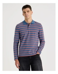 Long Sleeve Stripe Polo in Mid Blues