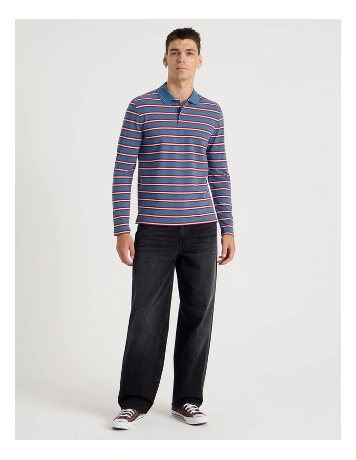 Long Sleeve Stripe Polo in Mid Blues image 2