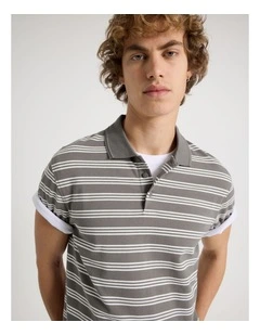 Regular Fit Stripe Short Sleeve Polo in Stone
