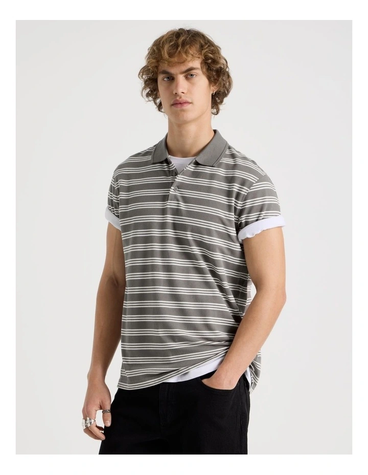 Regular Fit Stripe Short Sleeve Polo in Stone image 2