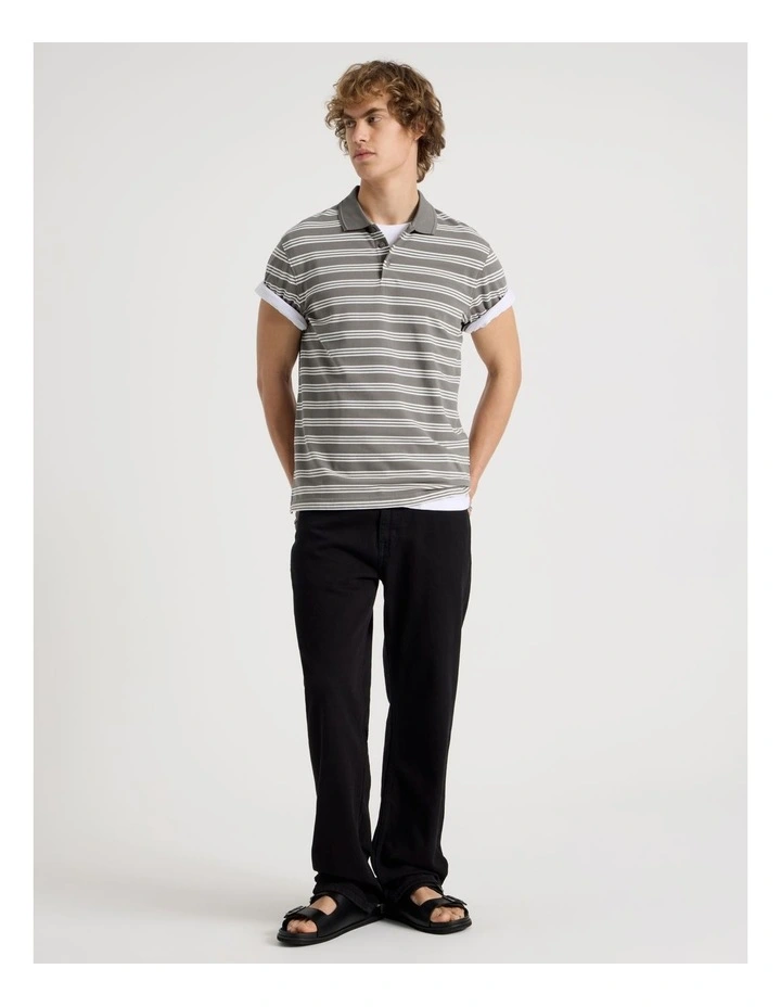 Regular Fit Stripe Short Sleeve Polo in Stone image 3