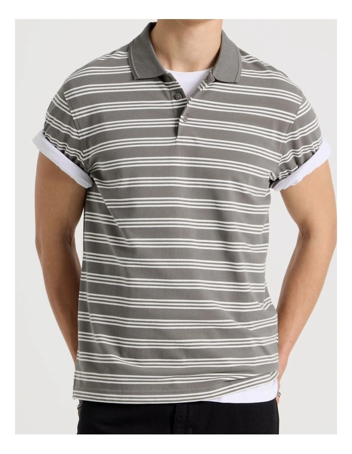 Regular Fit Stripe Short Sleeve Polo in Stone image 4