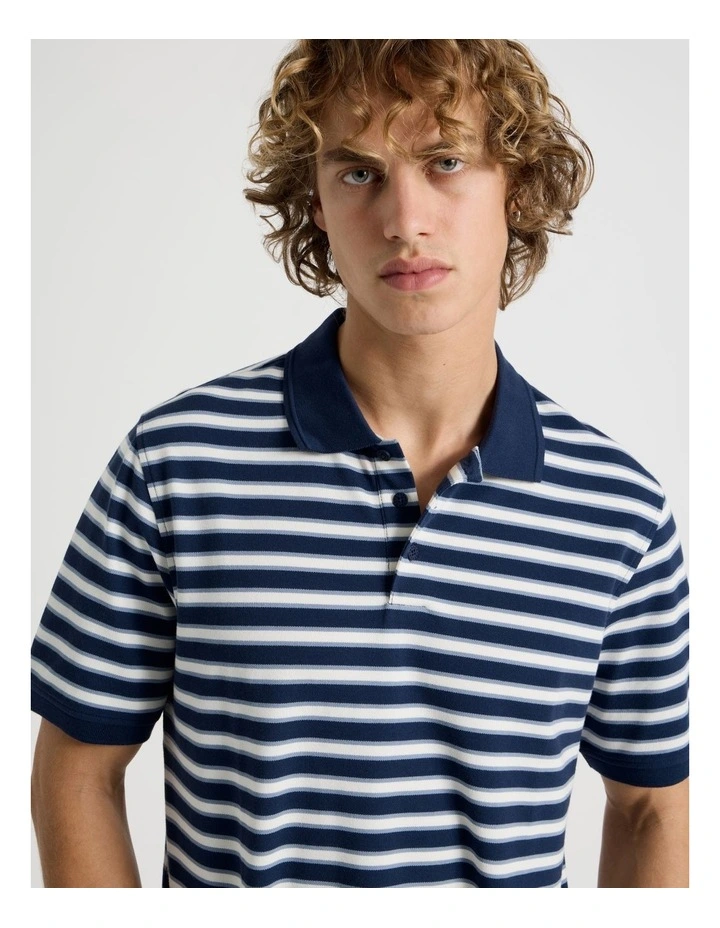 Regular Fit Stripe Short Sleeve Polo in Navy image 1