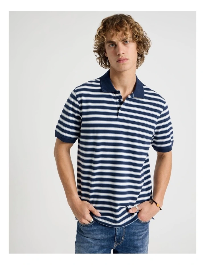 Regular Fit Stripe Short Sleeve Polo in Navy image 3
