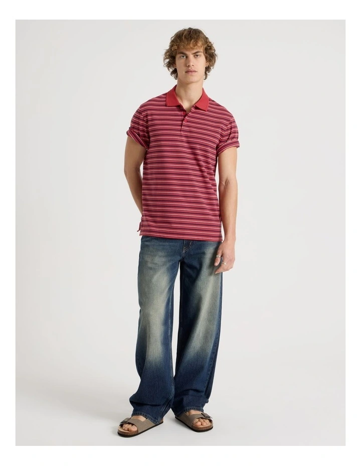 Regular Fit Stripe Short Sleeve Polo in Red image 2