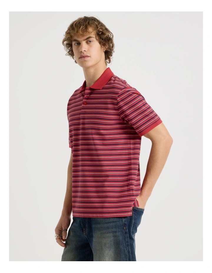 Regular Fit Stripe Short Sleeve Polo in Red image 3