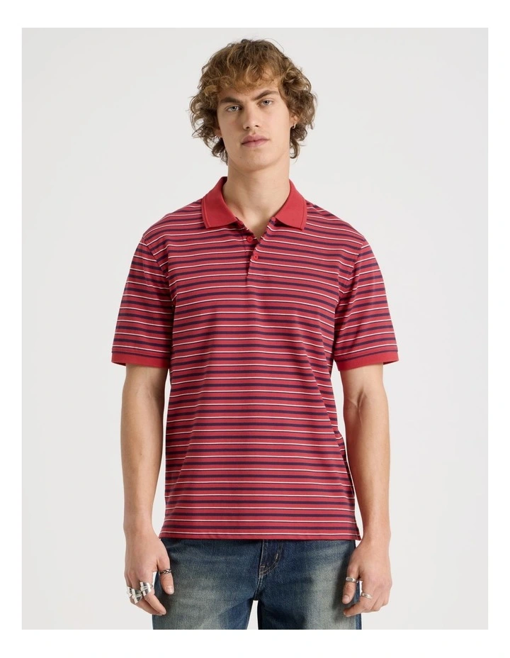 Regular Fit Stripe Short Sleeve Polo in Red image 5