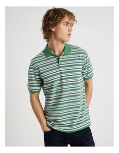 Regular Fit Stripe Short Sleeve Polo in Green