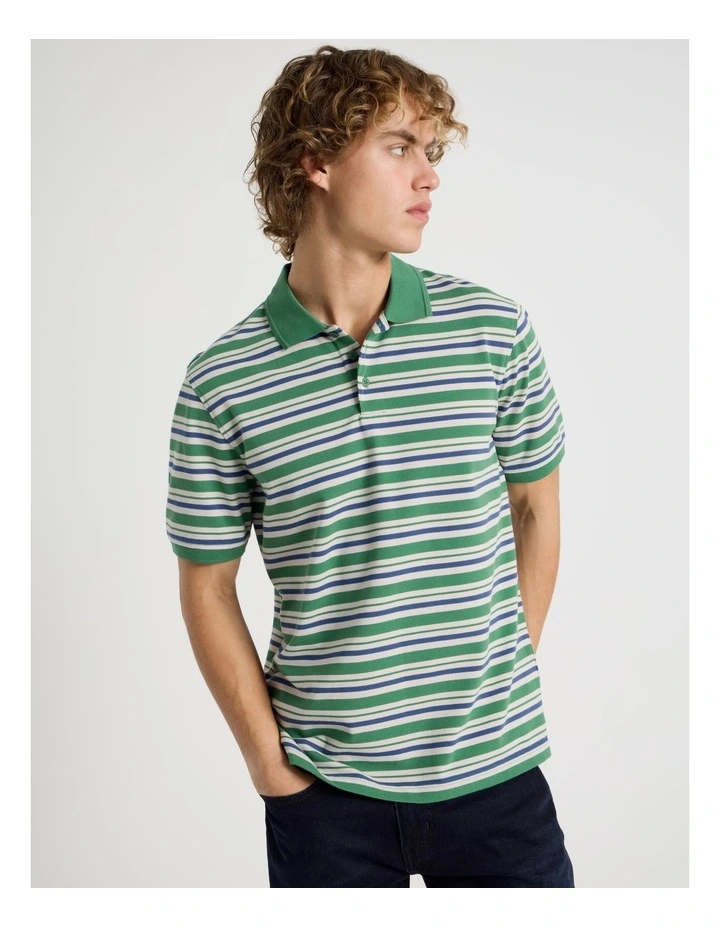 Regular Fit Stripe Short Sleeve Polo in Green image 1