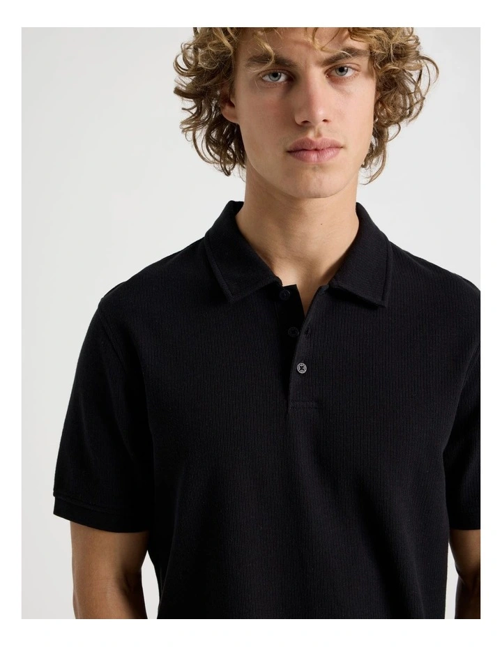 Short Sleeve Textured Polo in Black image 3