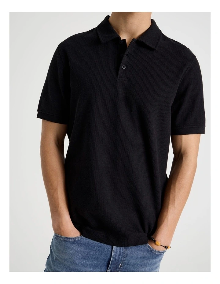 Short Sleeve Textured Polo in Black image 4