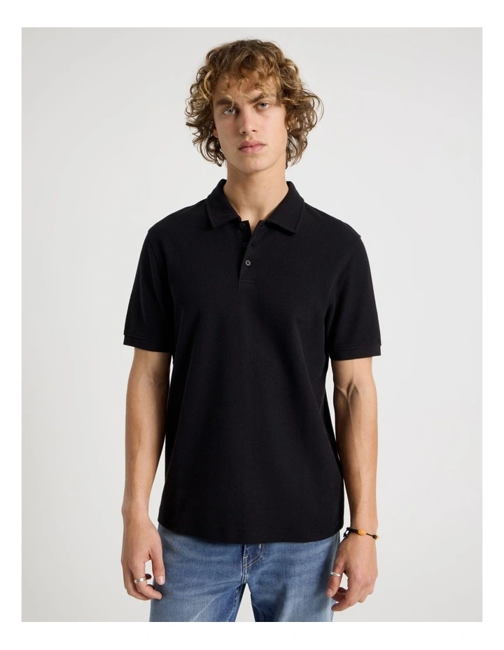 Short Sleeve Textured Polo in Black image 5