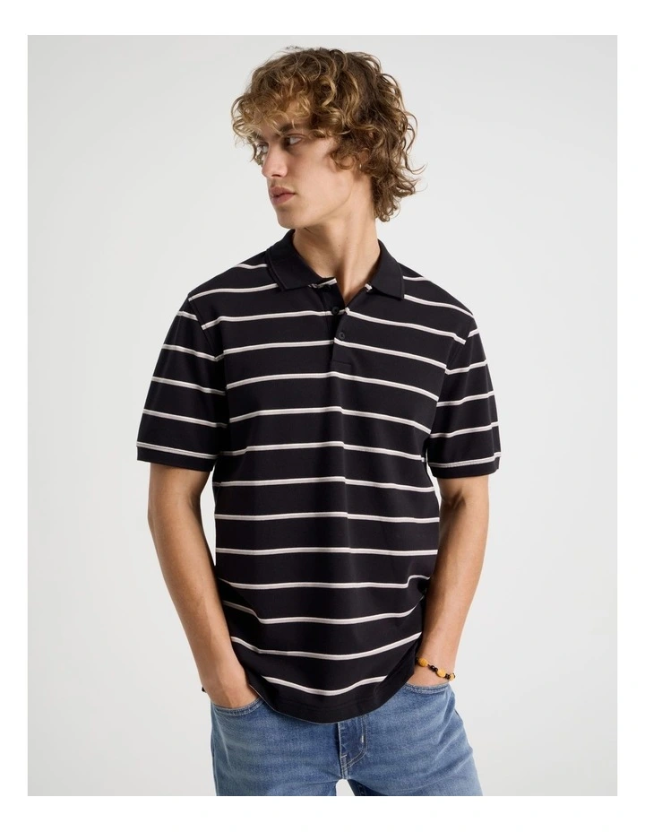 Regular Fit Stripe Short Sleeve Polo in Black image 1