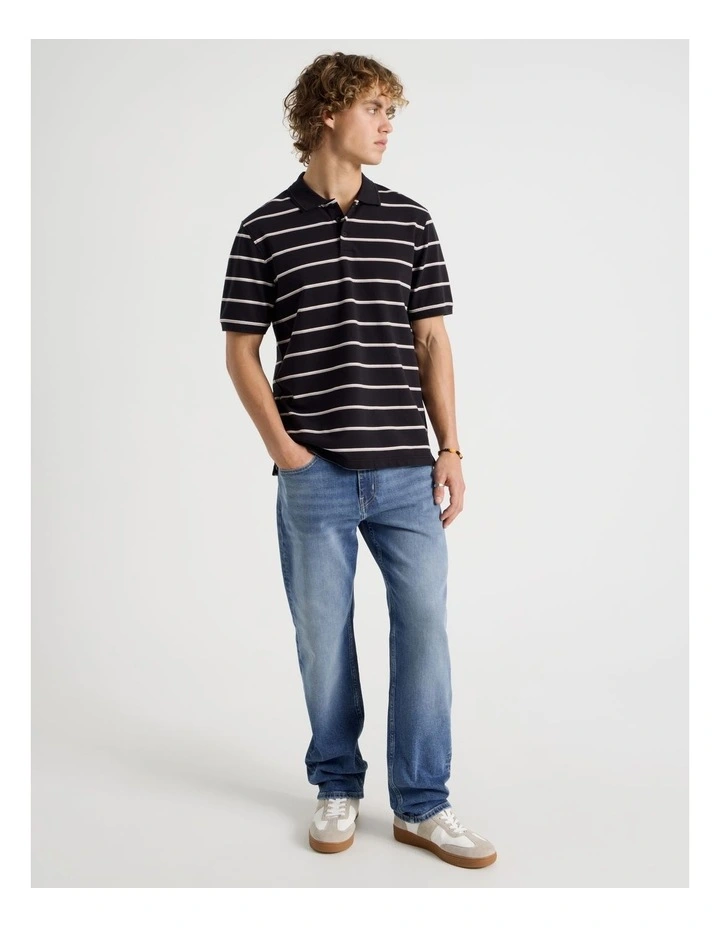 Regular Fit Stripe Short Sleeve Polo in Black image 2