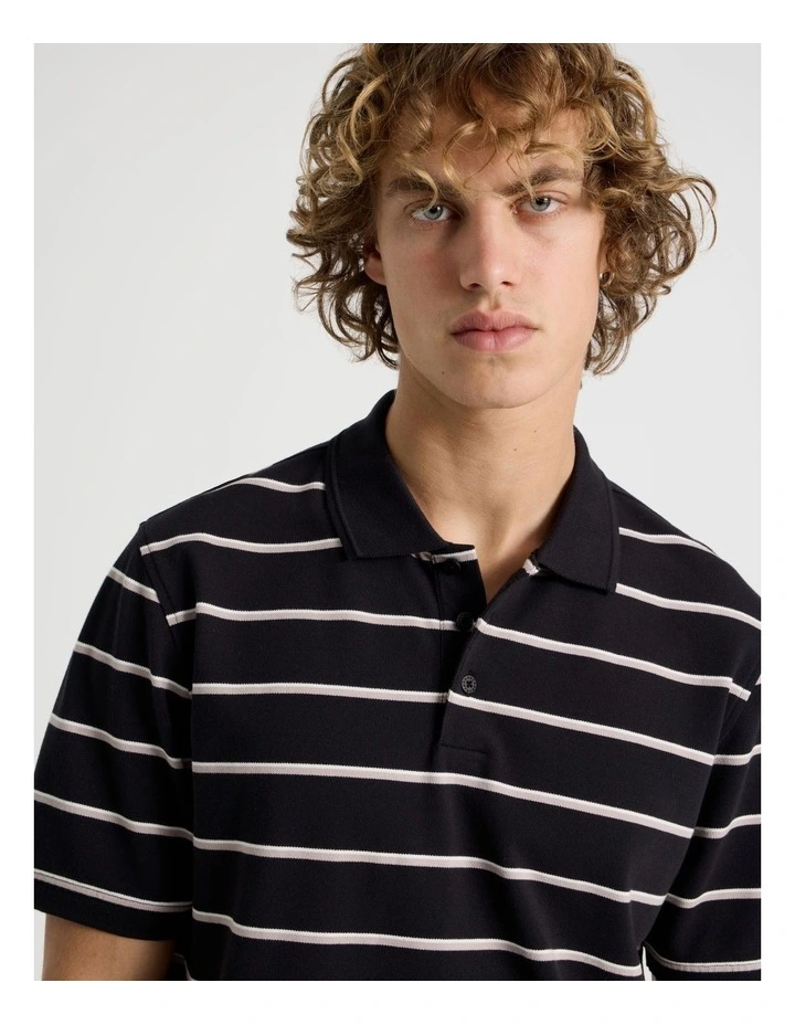 Regular Fit Stripe Short Sleeve Polo in Black image 3