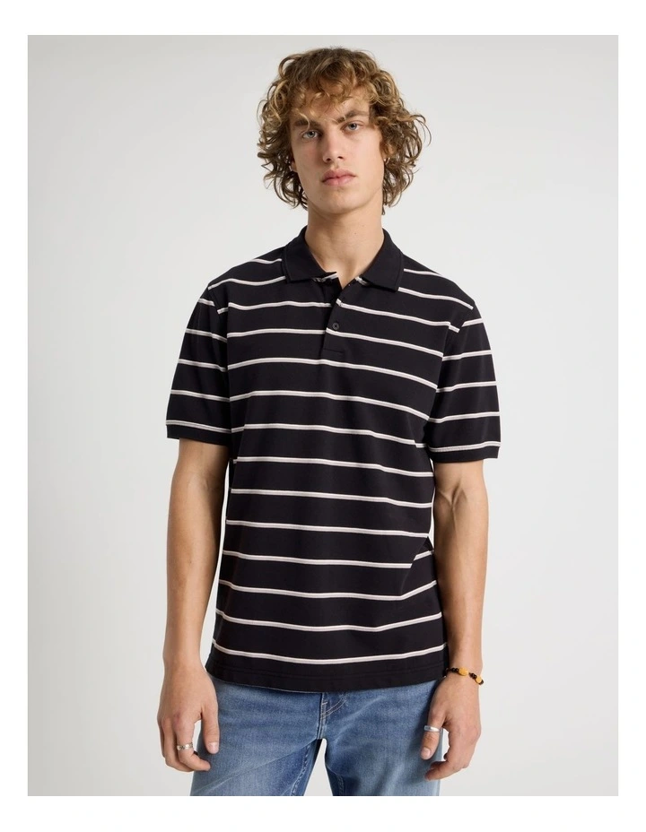 Regular Fit Stripe Short Sleeve Polo in Black image 5