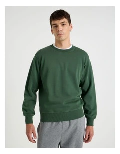 Garment Dyed Crew Neck Sweat Top in Dark Green