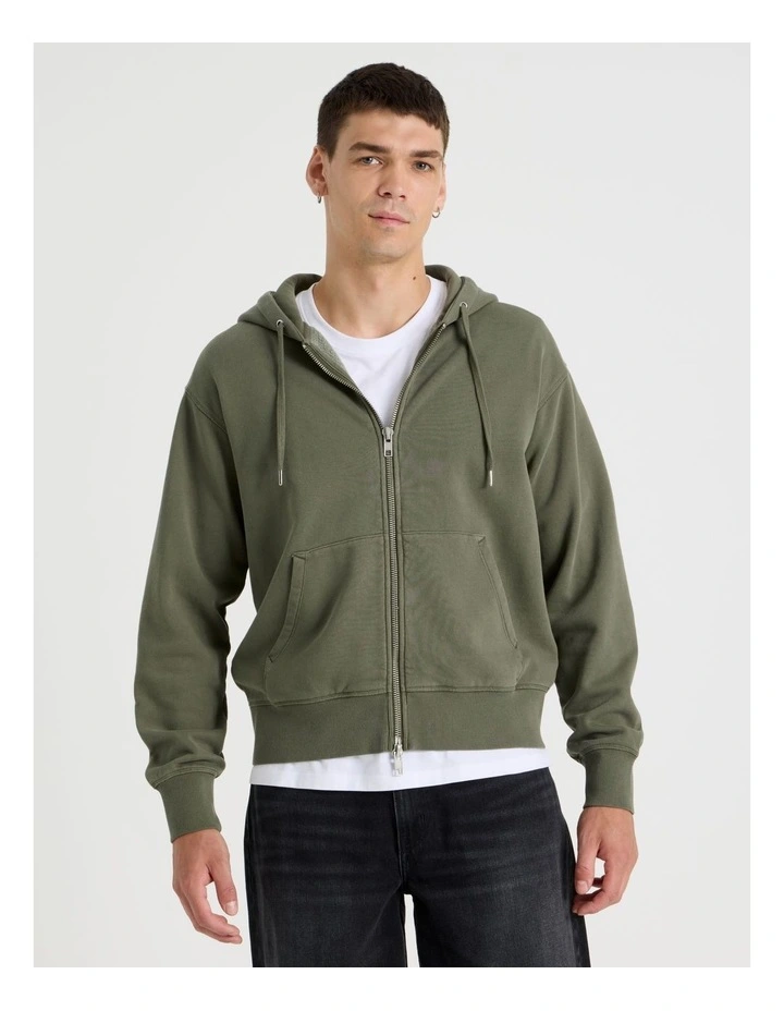 Garment Dyed Relaxed Zip Thru Hoodie in Light Khaki image 1