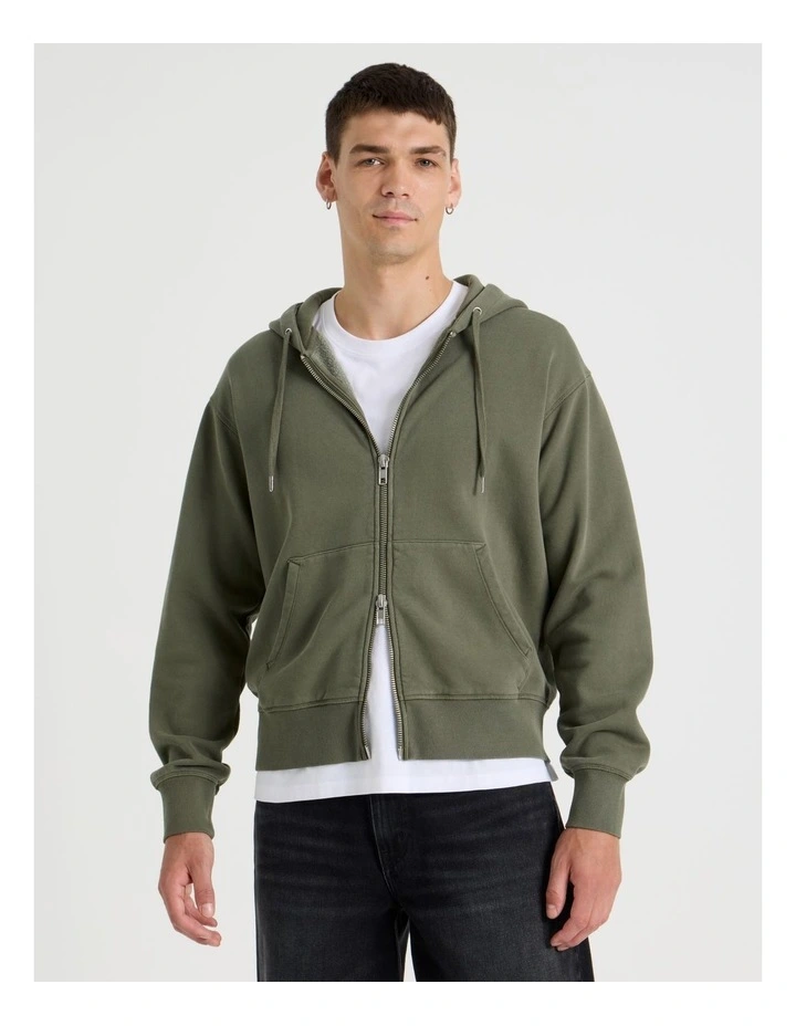 Garment Dyed Relaxed Zip Thru Hoodie in Light Khaki image 3