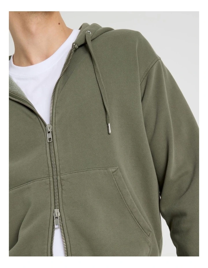 Garment Dyed Relaxed Zip Thru Hoodie in Light Khaki image 4