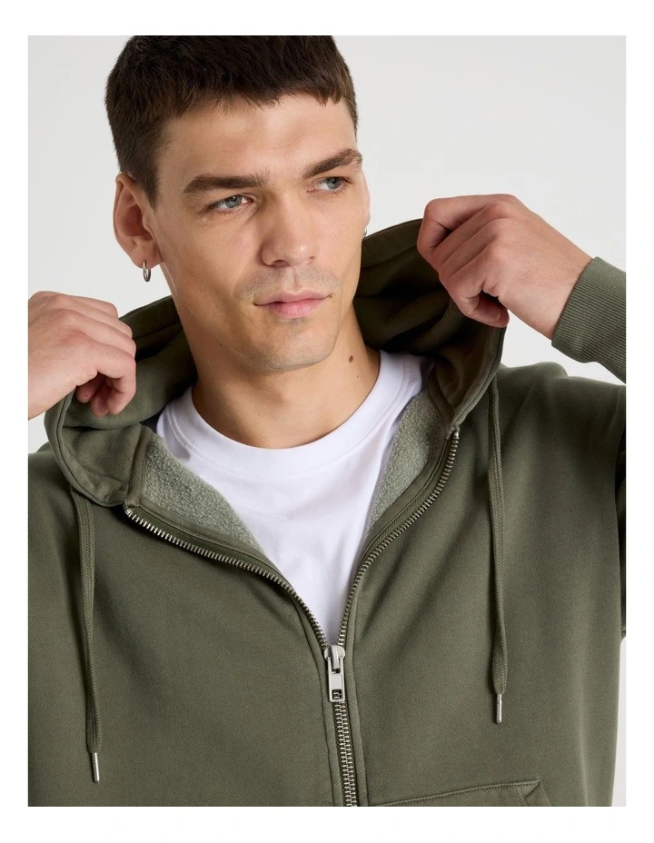 Garment Dyed Relaxed Zip Thru Hoodie in Light Khaki image 5