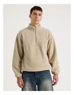 1/4 Zip Sherpa Sweat Top in Stone