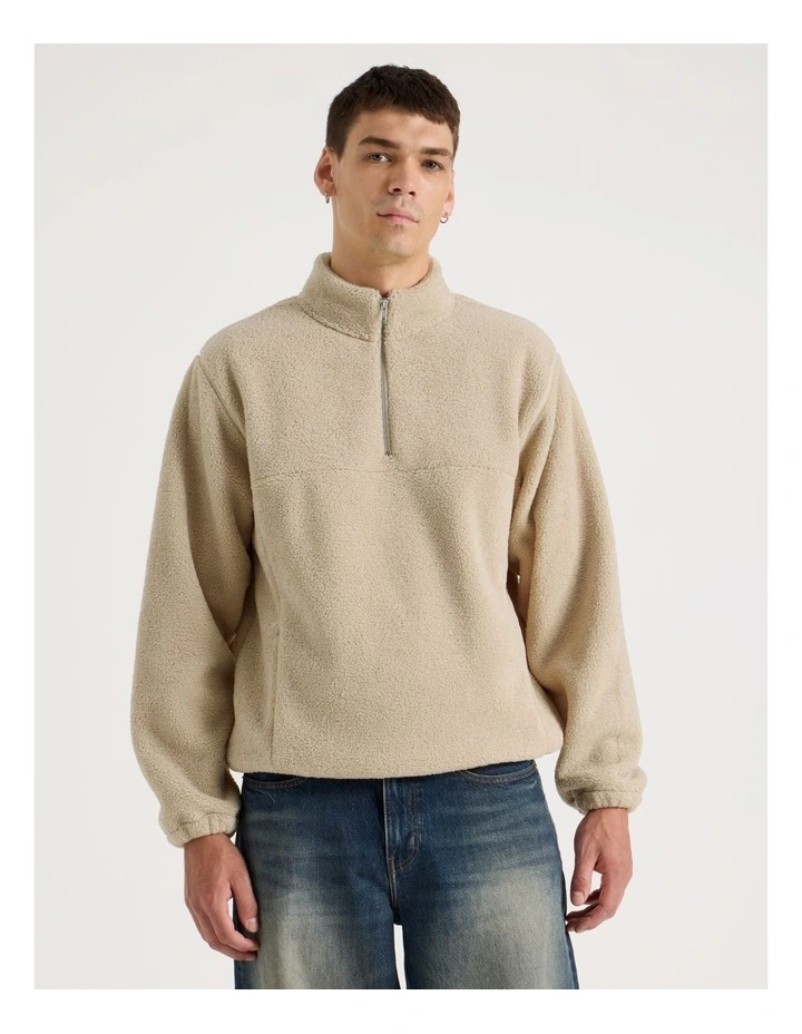 1/4 Zip Sherpa Sweat Top in Stone image 1