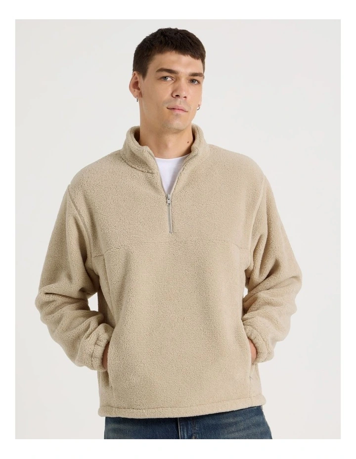 1/4 Zip Sherpa Sweat Top in Stone image 3