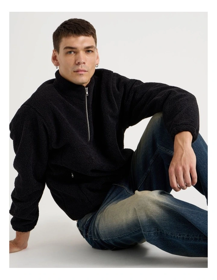 1/4 Zip Sherpa Sweat Top in Black image 2