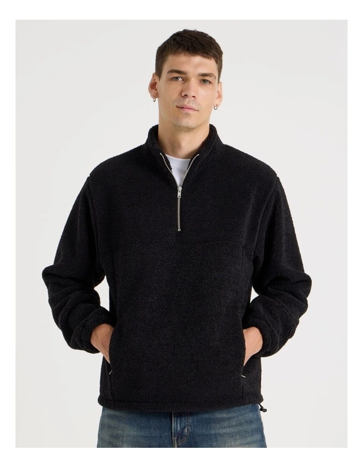 1/4 Zip Sherpa Sweat Top in Black image 3