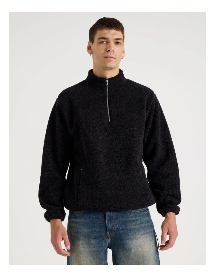 1/4 Zip Sherpa Sweat Top in Black image 5