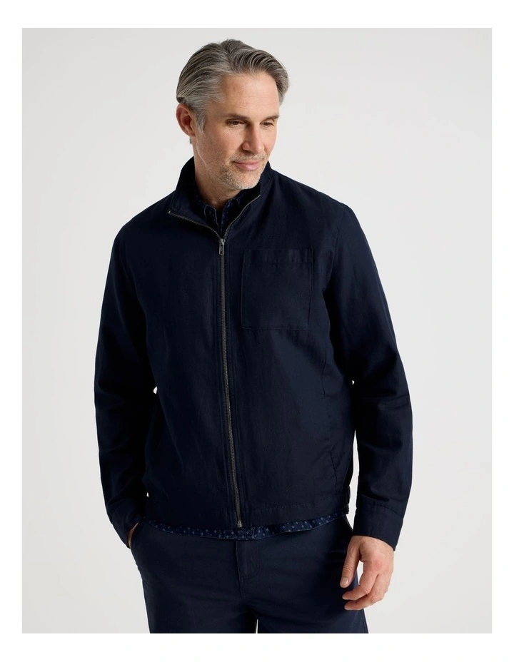Cotton Linen Zip Up Jacket in Navy image 2