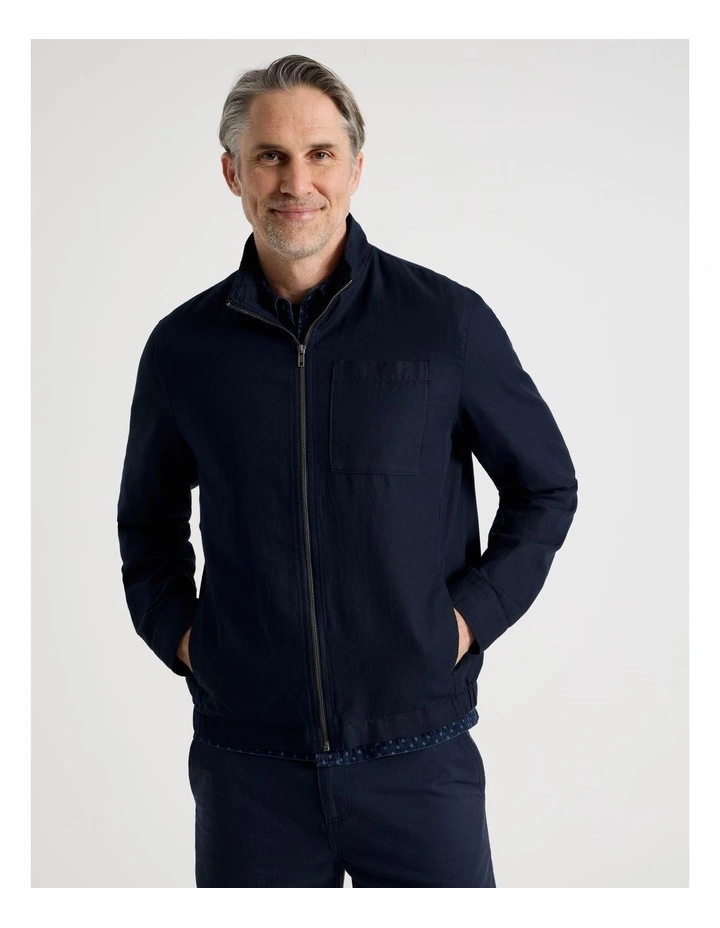 Cotton Linen Zip Up Jacket in Navy image 5